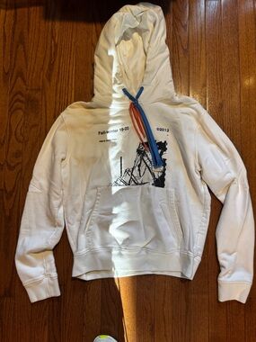 OFFWHITE White Graphic Hoodie with Blue & Orange Drawstrings